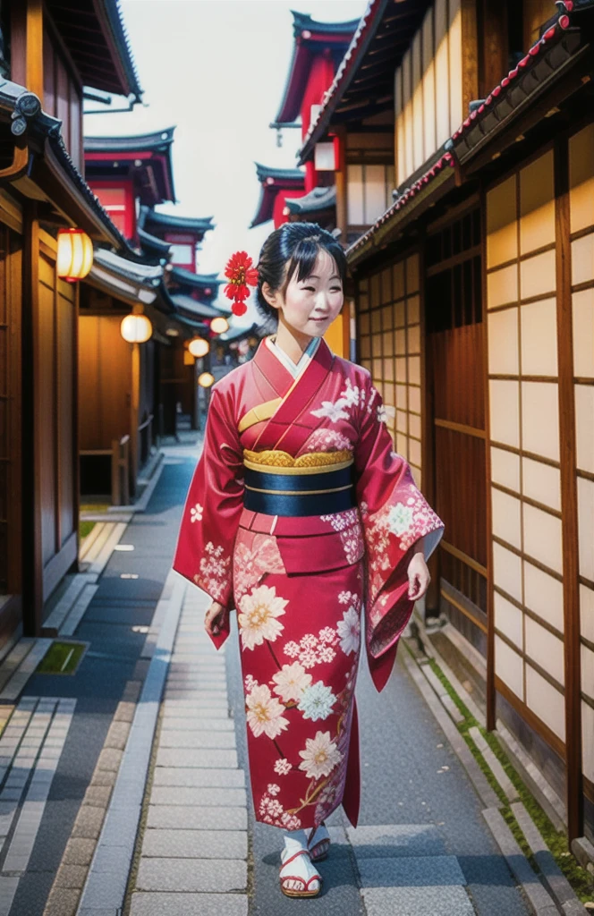 Cute Japanese woman Wearing a red kimono Walking the streets of Kyoto high resolution