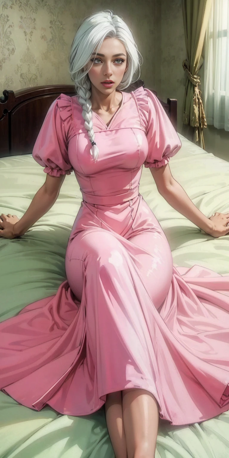Elegant adult Woman White hair Golden eyes pink skin White clothes Bed Bedroom Side braids Open legs High quality Masterpiece