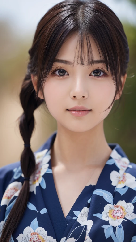 （8k、high resolution、High resolution、Fine details）High resolutionの顔、Zoom out、18 years old、 Beautiful detailed eyes、Random cute hairstyles、Navy blue yukata、Natural Makeup、Korean Idol