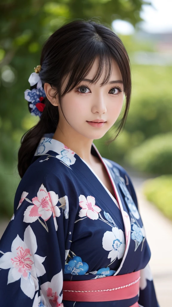 （8k、high resolution、High resolution、Fine details）High resolutionの顔、Zoom out、18 years old、 Beautiful detailed eyes、Random cute hairstyles、Navy blue yukata、Natural Makeup、Korean Idol