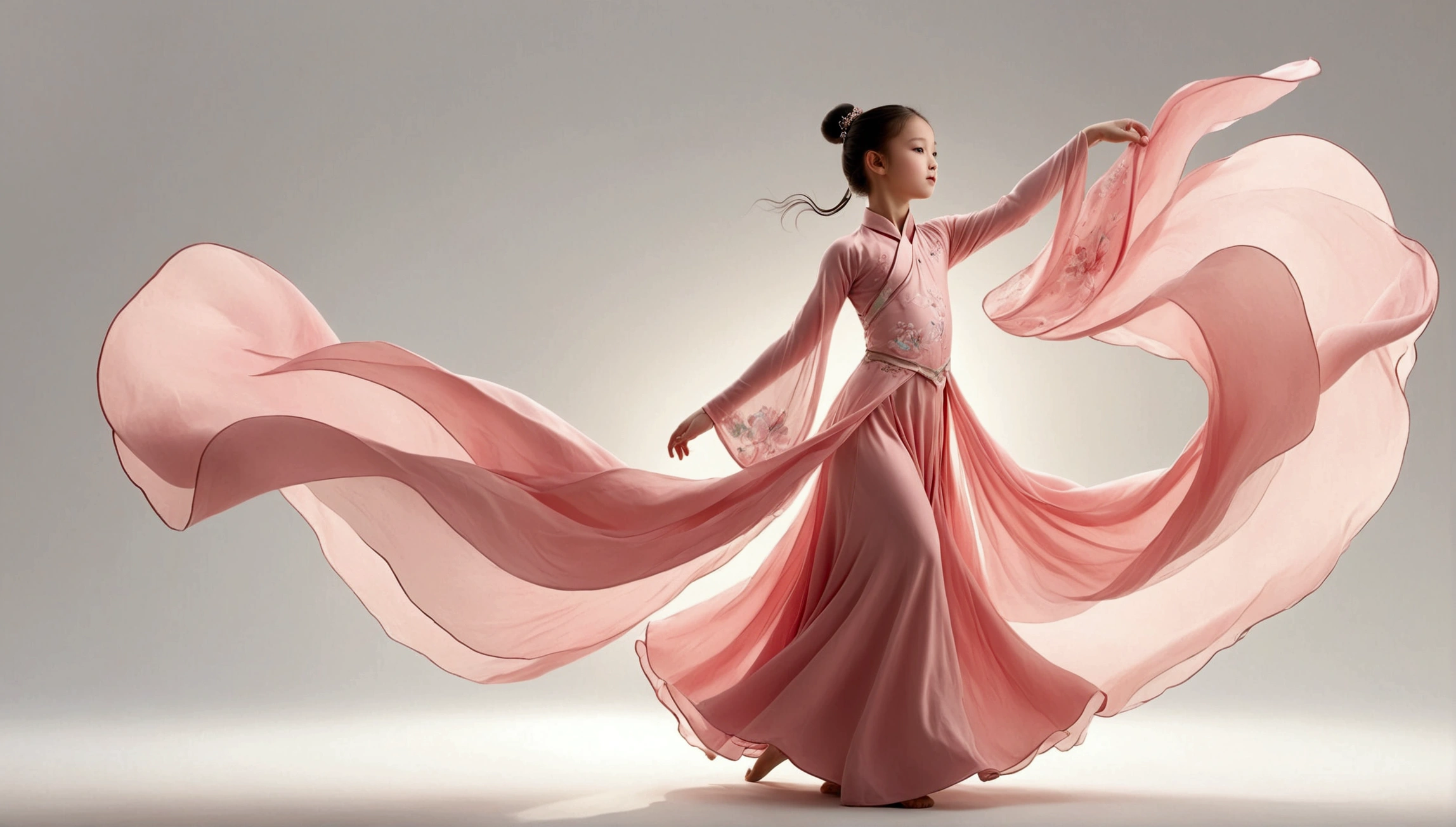 Dance photography;White background,A dancer;A in a pink princess dress(Chinese Girl),The movements of the dance;Long hair shawl。whole body,front; Simple style;Panoramic photography;Depth of Field, Extraordinary details, masterpiece, high quality, 4K,