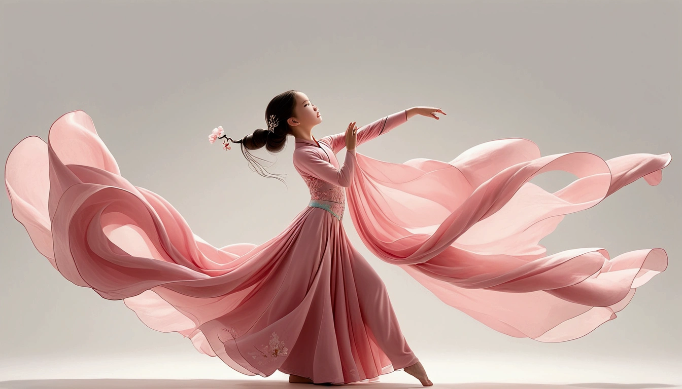 Dance photography;White background,A dancer;A in a pink princess dress(Chinese Girl),The movements of the dance;Long hair shawl。whole body,front; Simple style;Panoramic photography;Depth of Field, Extraordinary details, masterpiece, high quality, 4K,