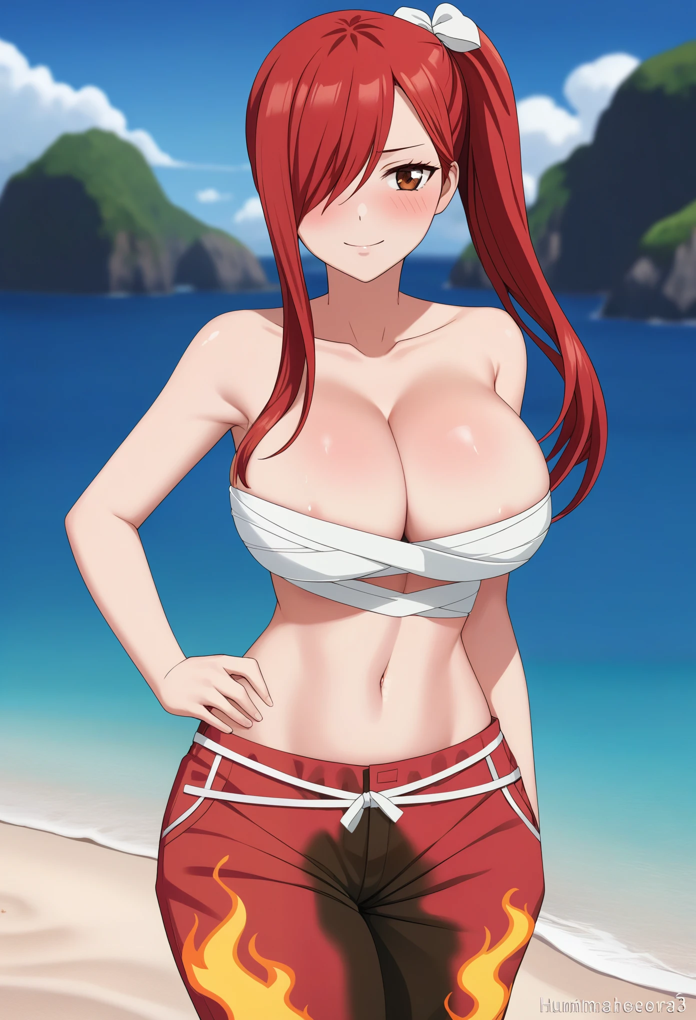 (high quality,Very detailed:1.37, High resolution), Woman, Erza, animerza, red hair, navel, flame pants, collarbone, bare shoulders, cleavage, hair over one eye, large breasts, long hair, bandages, chest sarashi, white ribbon, beach, looking at viewer, brown eyes, ponytail, masterpiece, best quality, (wetting herself:1.5), (embarrassed:1.5), (humiliation:1.5), (sweating:1.25), (blushing:1.5), standing