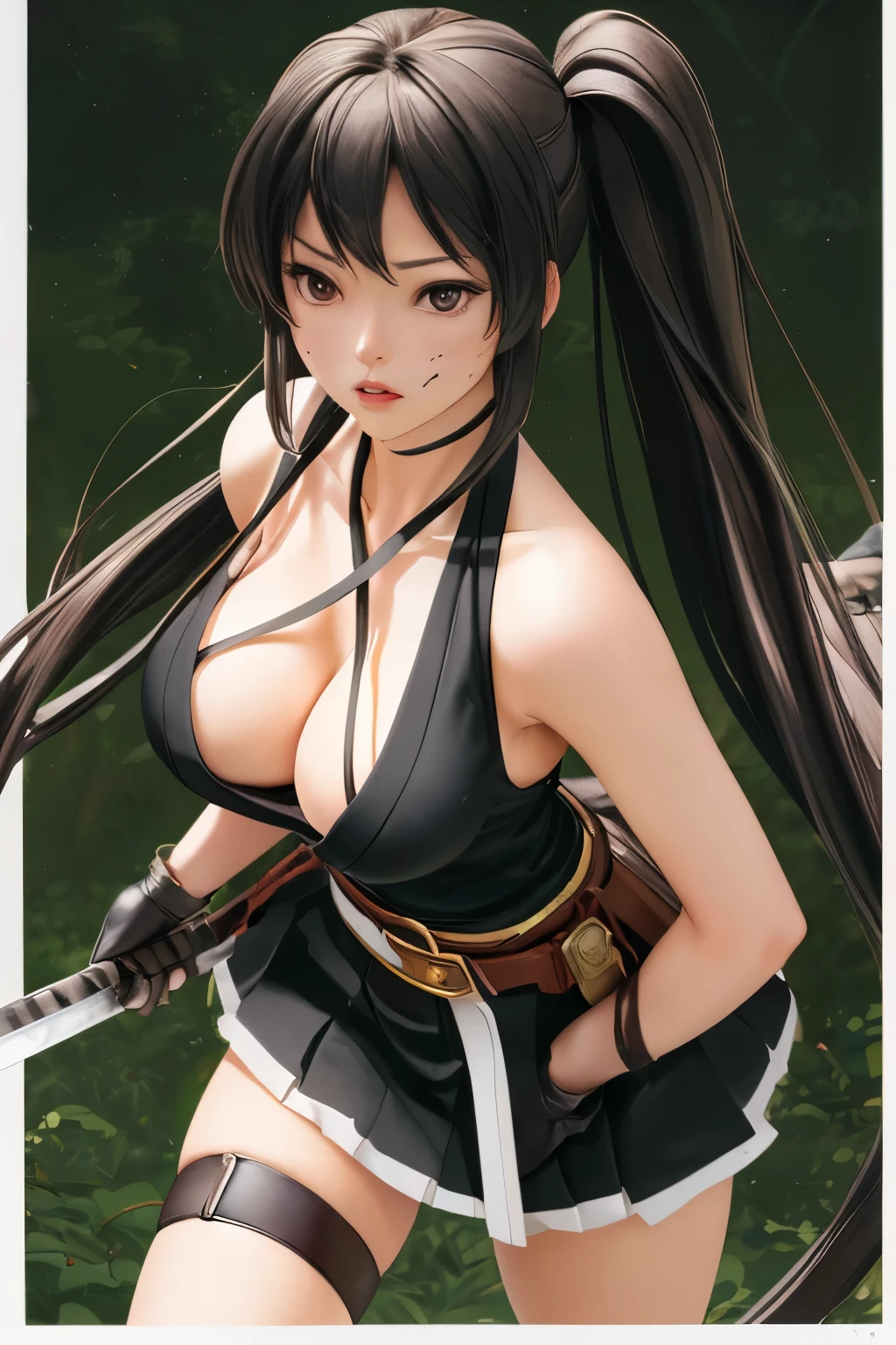 ((best qualityer)), ((work of art)), (detailded), 1 girl, ombro to ombro sweater, full-body shot from head to toe, Two adult female characters from Dead or Alive. A gripping, tense masterpiece that depicts a life-and-death struggle between the heart and the eyes., They are both skilled swordsmen., The battle reaches its climax. The dynamic action、Hitomi received a fatal blow、It captures the moment he succumbs to his injuries.。, Kokoro will be the only victor in this high-stakes battle.. Kokoro a long time ago, loose hair.. Hitomi has long loose hair. Kokoro wears a traditional sleeveless kimono, Belt tied at the back waist, long black gloves, midi skirt, and black thigh height. Hitomi wearing a traditional sleeveless kimono, Belt tied at the back waist, long black gloves, midi skirt, and black thigh height. green forest background, No effect.、camel toe、Giant tit、Nipple blows, neckleace, super big tits, Super big ass