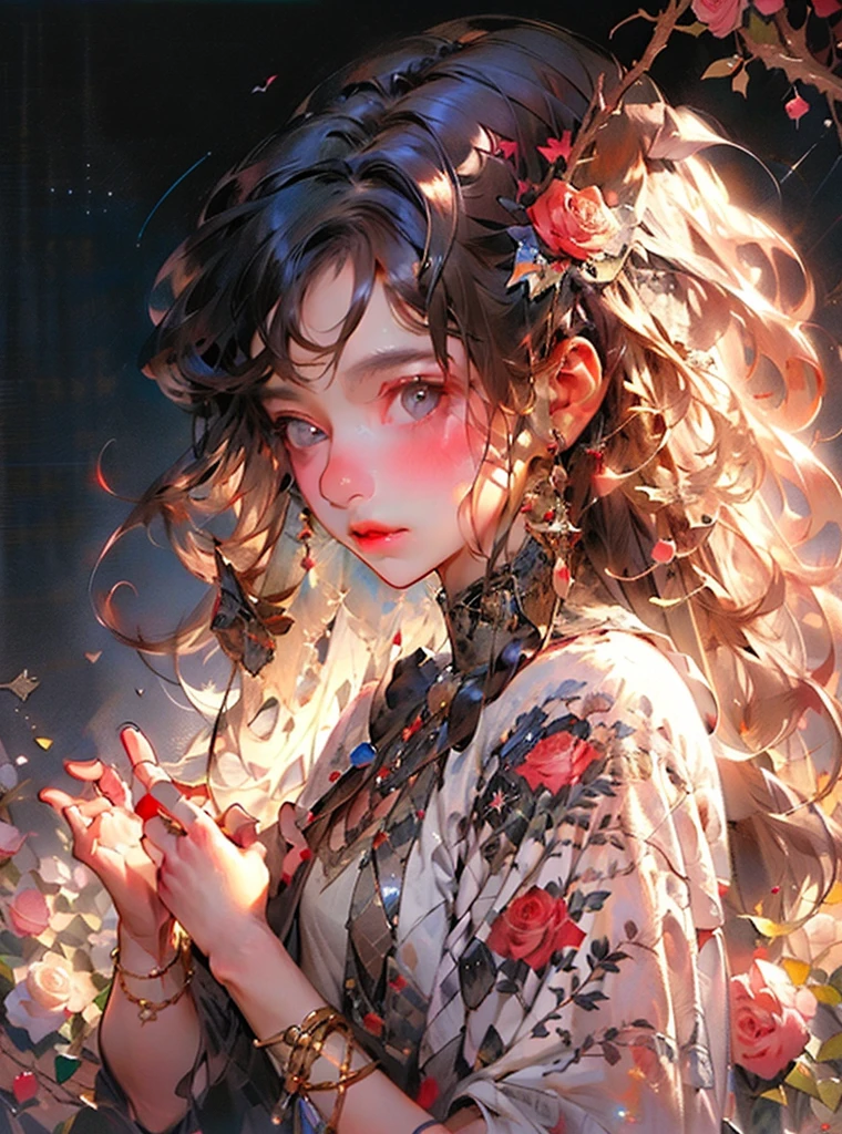 A duke and duchess strolling hand in hand in a medieval European rose garden、Beautiful women and men、lover、Fantasy、High resolution, masterpiece, Anatomically correct, Highest quality, Very detailed, Sparkle Effect, 8k octane, Romanticism, Gentle colors, Soft Light, 