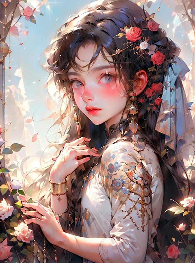 A duke and duchess strolling hand in hand in a medieval European rose garden、Beautiful women and men、lover、Fantasy、High resolution, masterpiece, Anatomically correct, Highest quality, Very detailed, Sparkle Effect, 8k octane, Romanticism, Gentle colors, Soft Light,