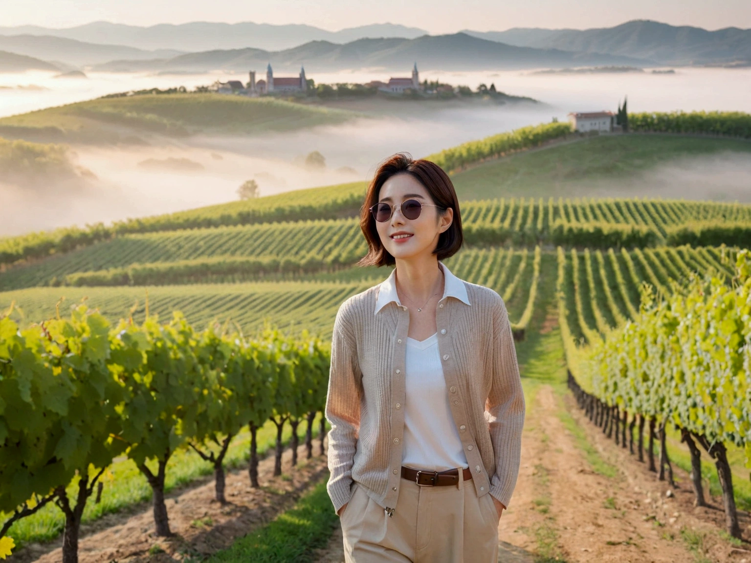 Intentional quality, In 8K, 32K, Photo of a beautiful 36-year-old Korean woman, short medium hair, Inspired by Son Ye-jin, whole body, face focus, Shirt that goes up to the neck and a short cardigan from a luxury brand, beige casual pants, Italian countryside vineyard background, Ranged、make a happy face, 새벽 진한 한개속 The cathedral is visible in the distance, There is thick fog, path, looking up the side, Wear a shirt that covers your chest, The cathedral is visible in the distance, Photo of endless vineyard scenery, look up the side. thick dawn fog, Well-groomed hair, Photo of an elegant and modest woman, Endless vineyards, Vivid picture quality, Clear picture quality, 언덕 위 path, 1 woman, colonnade가 있는 휘어진 path 언덕에서 바라본다. colonnade, The waist area is visible. 휘어진 path에 서있다, colonnade가 있는 어덕길에 서있다. Luxury brand large horn rimmed sunglasses, Sunglasses details, Sunglasses are the same size on both sides, Looking down on the vineyard from the hill, The cathedral is visible in the distance, 캐논 16-35 광각렌즈로 whole body샷, 휘어진 path