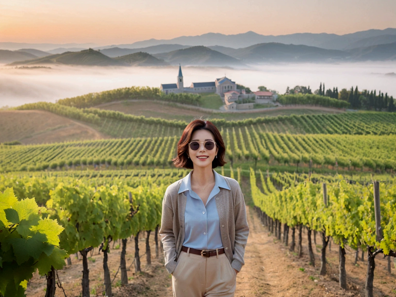 Intentional quality, In 8K, 32K, Photo of a beautiful 36-year-old Korean woman, short medium hair, Inspired by Son Ye-jin, whole body, face focus, Shirt that goes up to the neck and a short cardigan from a luxury brand, beige casual pants, Italian countryside vineyard background, Ranged、make a happy face, 새벽 진한 한개속 The cathedral is visible in the distance, There is thick fog, path, looking up the side, Wear a shirt that covers your chest, The cathedral is visible in the distance, Photo of endless vineyard scenery, look up the side. thick dawn fog, Well-groomed hair, Photo of an elegant and modest woman, Endless vineyards, Vivid picture quality, Clear picture quality, 언덕 위 path, 1 woman, colonnade가 있는 휘어진 path 언덕에서 바라본다. colonnade, The waist area is visible. 휘어진 path에 서있다, colonnade가 있는 어덕길에 서있다. Luxury brand large horn rimmed sunglasses, Sunglasses details, Sunglasses are the same size on both sides, Looking down on the vineyard from the hill, The cathedral is visible in the distance, 캐논 16-35 광각렌즈로 whole body샷, 휘어진 path