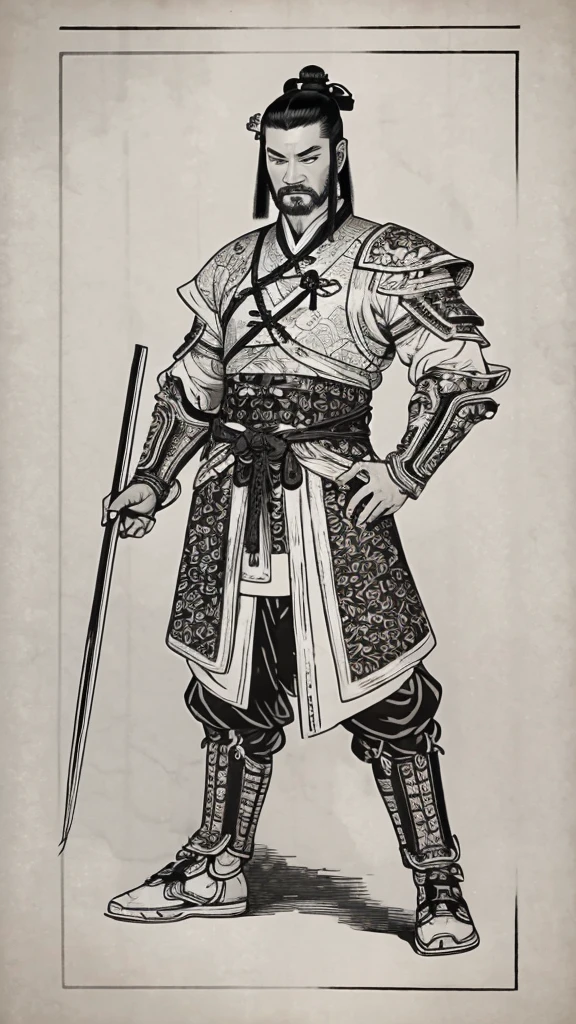 (((Monochrome)))、(((Ink Painting)))、(((Handsome man with ancient Chinese hairstyle)))、(((Hands on hips)))、Line art、Oriental、Ultra-high resolution、Game Poster、Crisp and beautiful image quality、whole body ,(Ancient Chinese armor, Dragon head on shoulder, (Ancient Chinese armor with intricate pattern:1.2), gloves, Long trousers, (Very detailed, bloom:1.5), (Highest quality, Concept Art, 4K), (analog:1.2), (high sharpness), (Detailed pupil:1.1), Detailed face and eyes, masterpiece, Highest quality,8k,  (Black Hair, Dynamic Short Hair), (PurerosFace_v1:0.2), [:(Detailed face:1.2):0.2], sharp, 