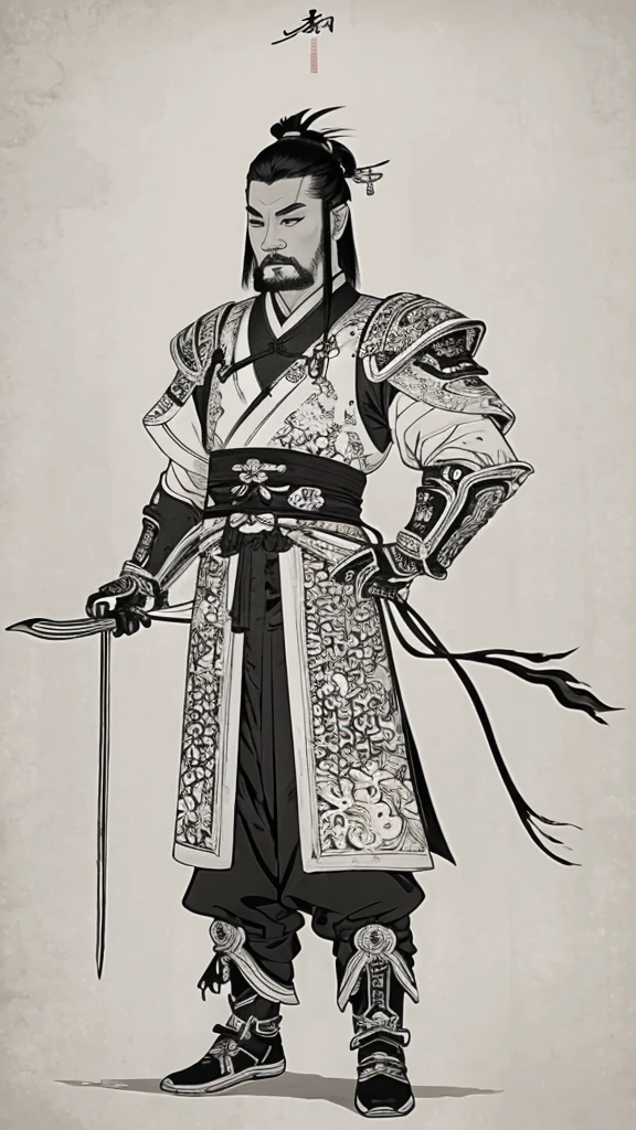 (((Monochrome)))、(((Ink Painting)))、(((Handsome man with ancient Chinese hairstyle)))、(((Hands on hips)))、Line art、Oriental、Ultra-high resolution、Game Poster、Crisp and beautiful image quality、whole body ,(Ancient Chinese armor, Dragon head on shoulder, (Ancient Chinese armor with intricate pattern:1.2), gloves, Long trousers, (Very detailed, bloom:1.5), (Highest quality, Concept Art, 4K), (analog:1.2), (high sharpness), (Detailed pupil:1.1), Detailed face and eyes, masterpiece, Highest quality,8k,  (Black Hair, Dynamic Short Hair), (PurerosFace_v1:0.2), [:(Detailed face:1.2):0.2], sharp, 