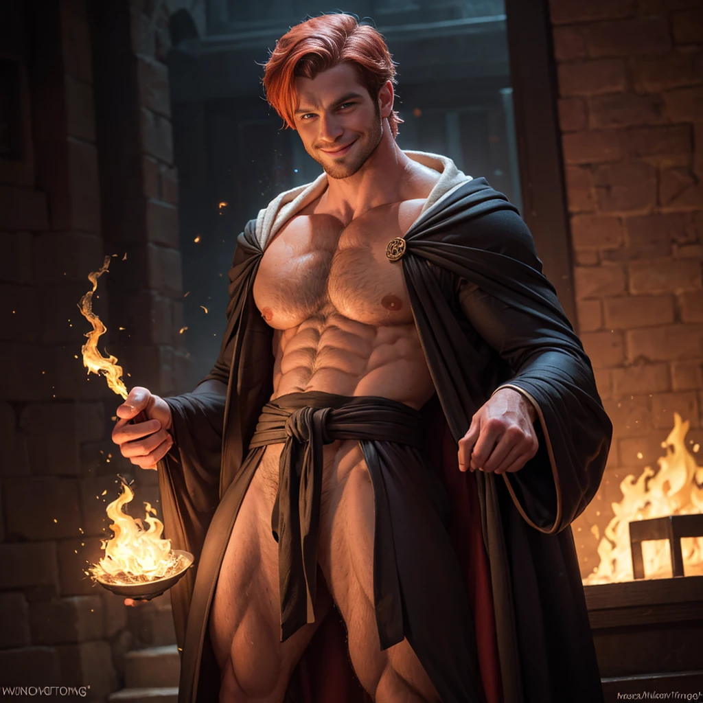 masculine, masterpiece, Hyperrealistic image of a sexy 30-year-old albino man., redhead, wearing glamorous black sorcerer robes, exposed chest, menintong, Stupid, seductive pose, magical glowing arcane sigils, a hand holds a green flame, looking directly at camera, Cheek Smile, Very detailed, intricate details, sharp focus, dynamic lighting, dynamic shadows, without watermark