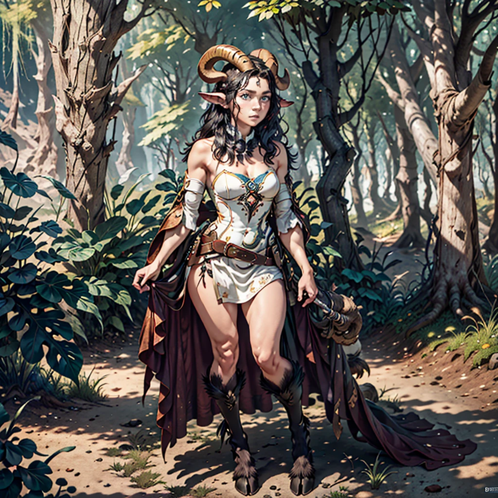 Female faun in the forest, Satyr, woman, fantasy(masterpiece, Best quality, Photorealistic, Detailed, shiny leather:1.2), irreproachable, 8 k, RAW, A high resolution, (dark night:1.1), goat legs, Fur legs, ungulate, goat horns, beard, long black hair, Looking at the viewer, Cinematic, dark background, Medieval, Muscles, Откройте CHES5, fantasy, (absurd), attractive, long hair, golden eyes, sexual, short dress