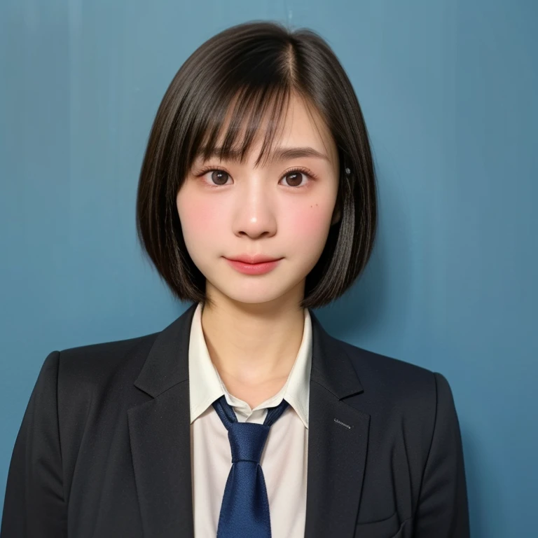 (kawaii 18 year-old Japanese girl, Nogizaka idol, Korean idol, highschool student), healthy female athlete body, (glossy black hair, very short hair, pixie cut, bangs:1.3), (rounded face, beautiful black eyes, single eyelid, no makeup, no expression:1.2), (wearing suit jacket, collared shirt, necktie:1.3), extra small breasts, (looking at viewer:1.2), BREAK, (simple blue background, yearbook background:1.3), (portrait, id photo, bust shot, view from vertically straight forward:1.3), BREAK, (masterpiece, best quality, photo realistic, official art:1.4), (UHD, 8K quality wallpaper, high resolution, raw photo, golden ratio:1.3), (shiny skin), professional lighting, physically based rendering, award winning, (highly detailed skin, extremely detailed face and eyes), Carl Zeiss 85 mm F/1.4, depth of field, 1girl, solo,