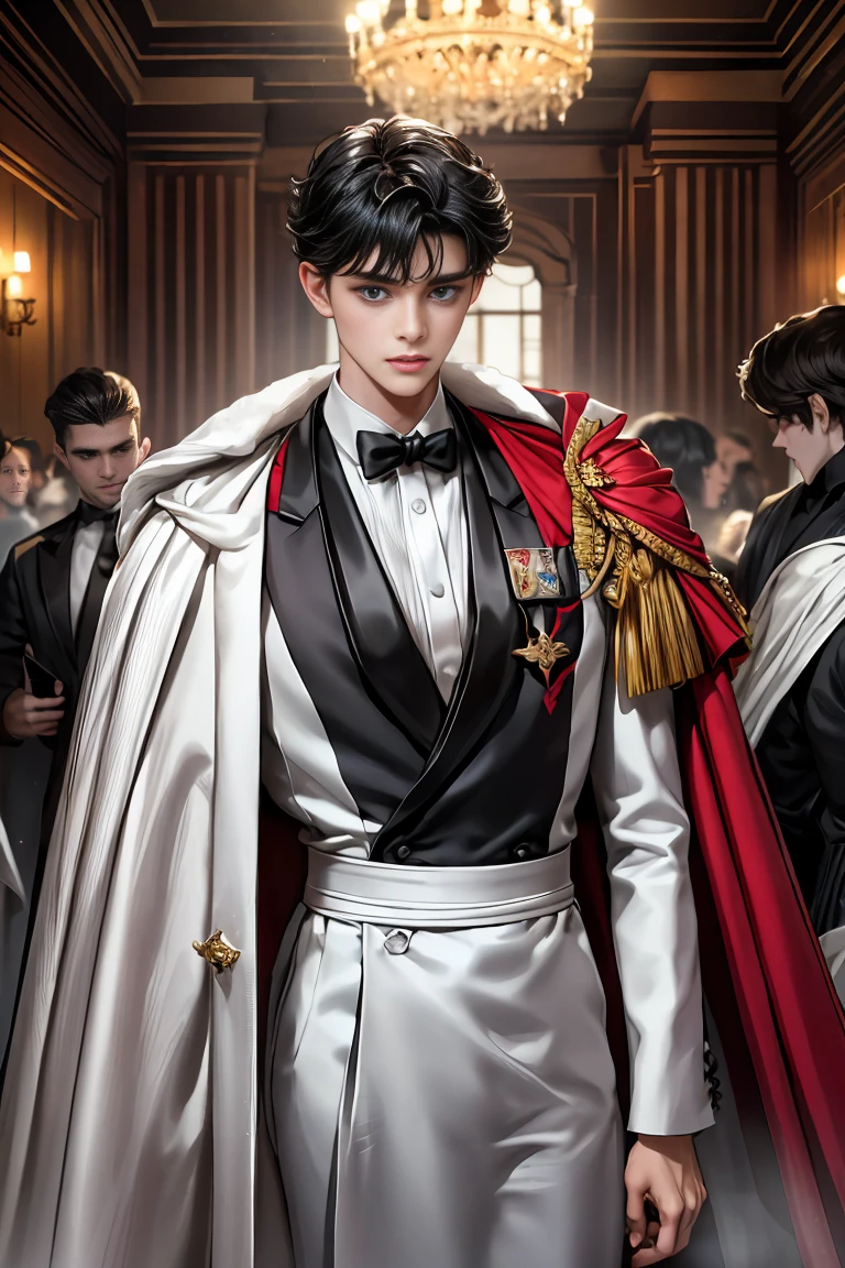 masterpiece, 最high quality, high quality, 1 boy, alone, Male focus, Watching the audience, Messy black hair, Adorable big blue eyes, White, Noble, Noble,A sexy, voluminous, puffy cape、tuxedo、A very voluminous, large, very large, very large, long, long red and black cape with a high stand-up collar, made of a lot of fabric that reaches down to the floor., ,Cute beautiful boys,Cute, cute, kind, handsome guy