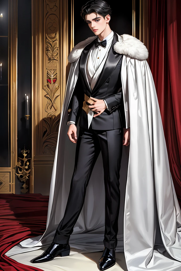 
masterpiece, 最high quality, high quality, 1 boy, alone, Male focus, Watching the audience,  Messy black hair, Adorable big blue eyes, White, Noble, Noble,A sexy, voluminous, puffy cape、tuxedo、A very voluminous, large, very large, very large, long, long red and black cape with a high stand-up collar, made of a lot of fabric that reaches down to the floor., ,Cute beautiful boys,Cute, cute, kind, handsome guy