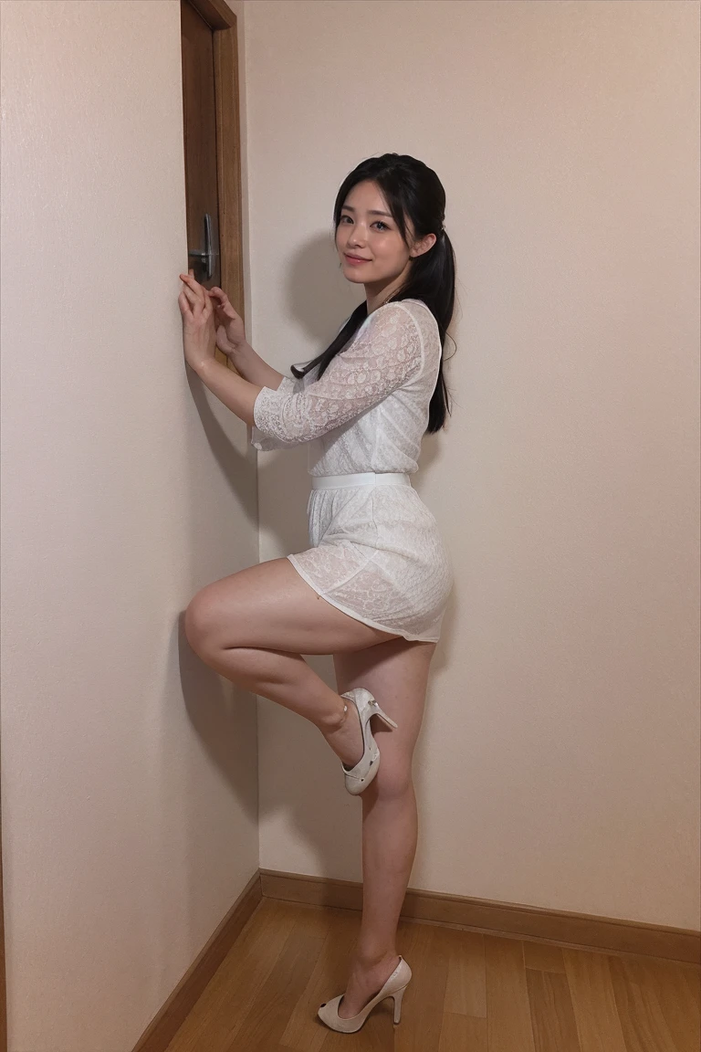 Highest quality, Flying debris, Realistic, High resolution, 8k　RAW Photos,alone, One Girl, 23 years old、Are standing、smile、Business Skirt、Spread your legs wide、High heels