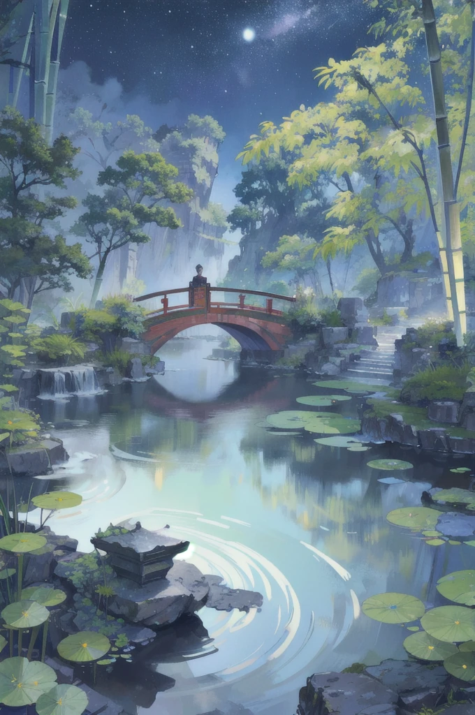 (Beautiful ancient Chinese architecture, Moonlight twinkling, Lake at night, Bamboo Forest, Stone Bridge Arch, Rippling water, Rockery trails, Blooming water lilies, Hot spring steam, Auspicious moonlight illustration: 1.0), Epic creation, Super detailed and realistic, Highly realistic lighting, Best wallpaper quality, masterpiece. (Very detailed CG Unity 8k wallpaper) .