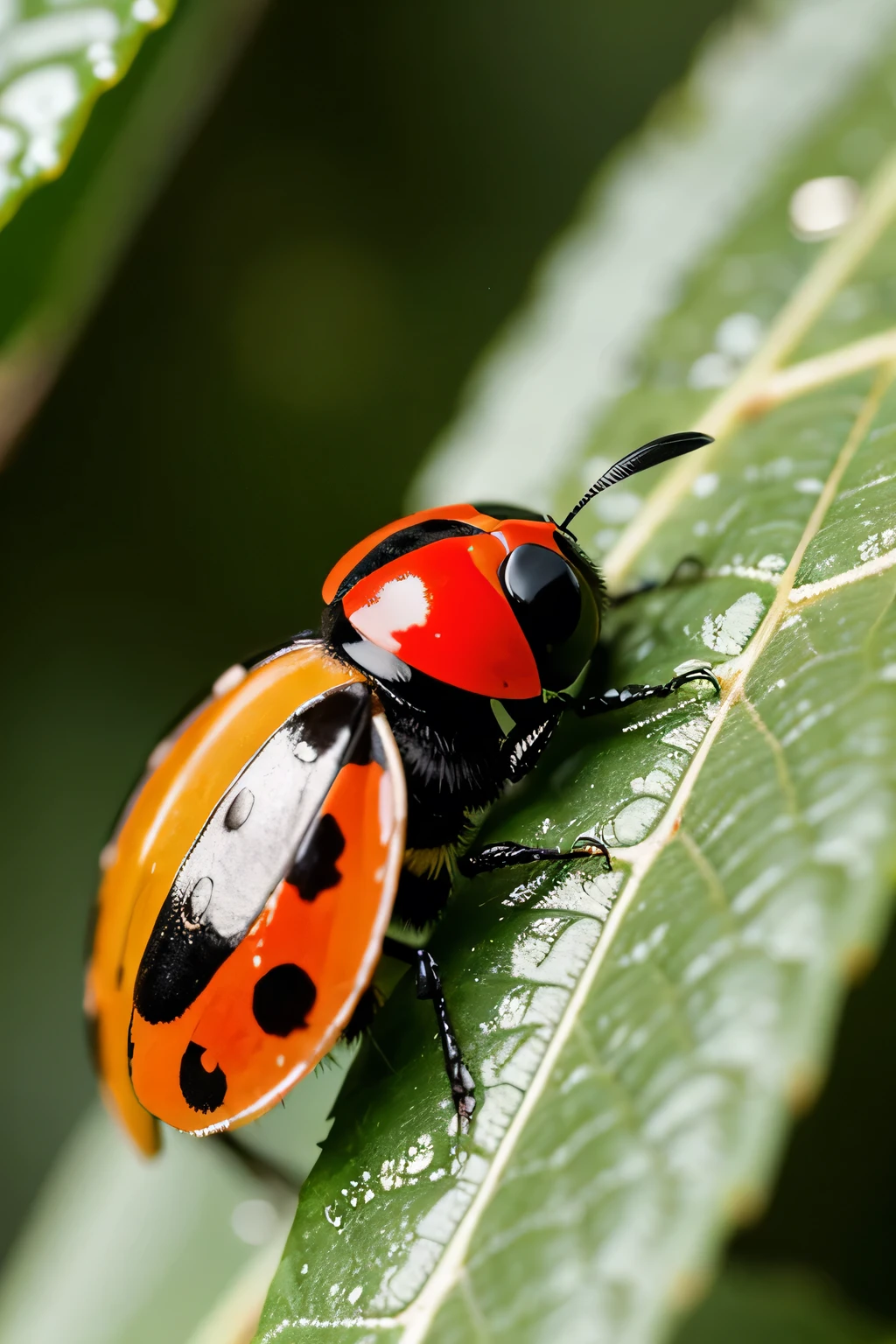 Generate a close-up a few drops of water on a leaf, blur forest As the background, a ladybird sits on the leaf, soft light. 