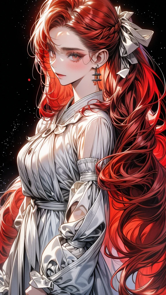 One Beautiful girl、unique long hairstyle 、 red hair color , amber eyes、small face、anime makeup、"A girl with a cute and androgynous face"、white skin、cute eyes、Very thin eyebrows、plump body, mature woman, big breasts, sexy, tall, knights outfit , outfits 、、19 years old、British girl、Has a languid look、anger、Lower the corners of your mouth with no expression on your face、Photographed from the side diagonally、model photoshoot、masterpiece、highest quality、high resolution、luxurious 、glaring expression、korean makeup 、Cool photos、blurred black filter, arms tattoos、Various poses、rich , handsome girl, lifeless eyes , cruch