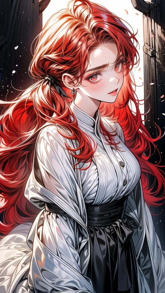 One Beautiful girl、unique long hairstyle 、 red hair color , amber eyes、small face、anime makeup、"A girl with a cute and androgynous face"、white skin、cute eyes、Very thin eyebrows、plump body, mature woman, big breasts, sexy, tall,  knights outfit , outfits 、、19 years old、British girl、Has a languid look、anger、Lower the corners of your mouth with no expression on your face、Photographed from the side diagonally、model photoshoot、masterpiece、highest quality、high resolution、luxurious 、glaring expression、korean makeup 、Cool photos、blurred black filter, arms tattoos、Various poses、rich , handsome girl, lifeless eyes , cruch