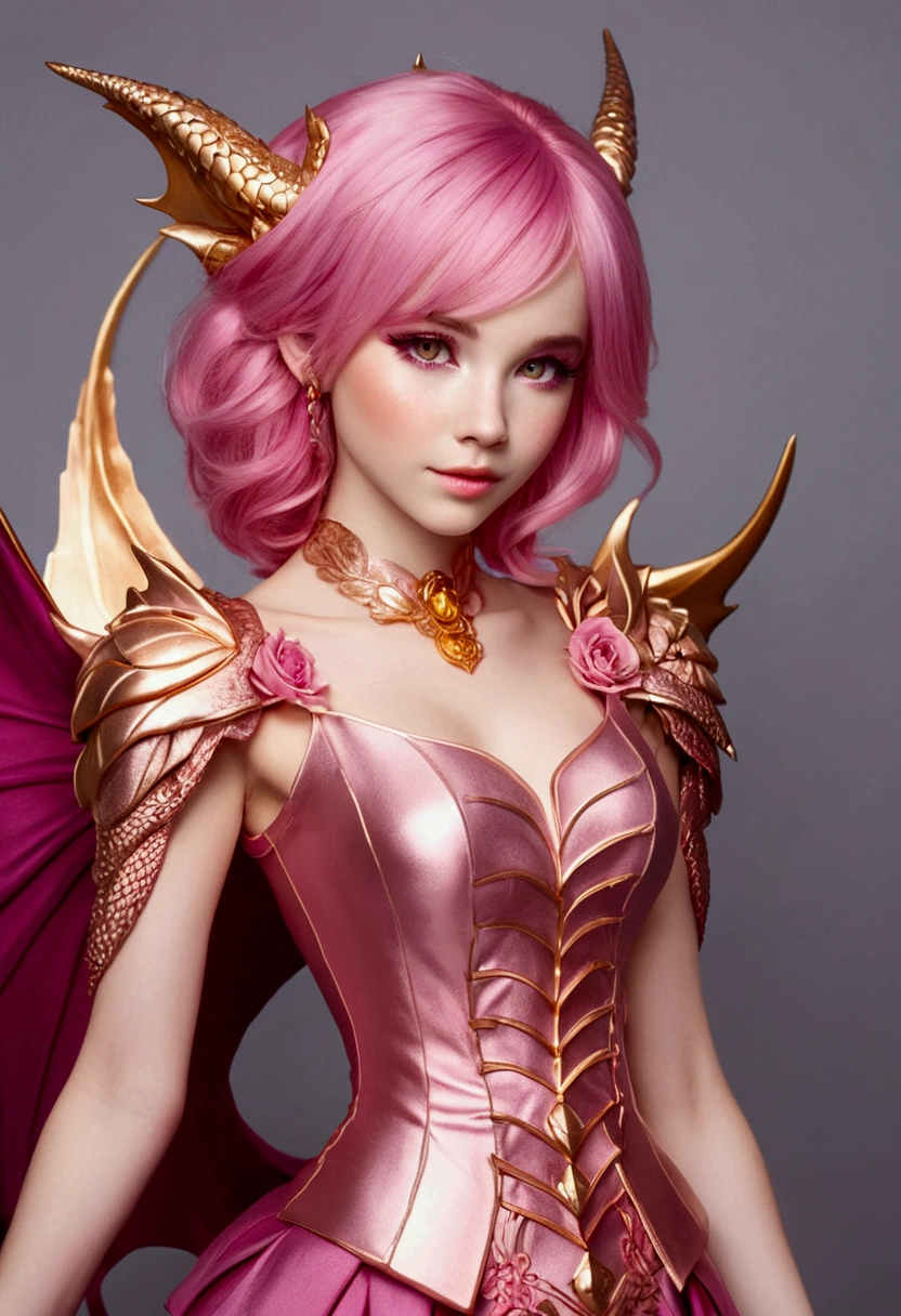 Adorable fair skinned pink haired magenta eyed European and slender young Dragon woman pink gold rose gold color themed outfit