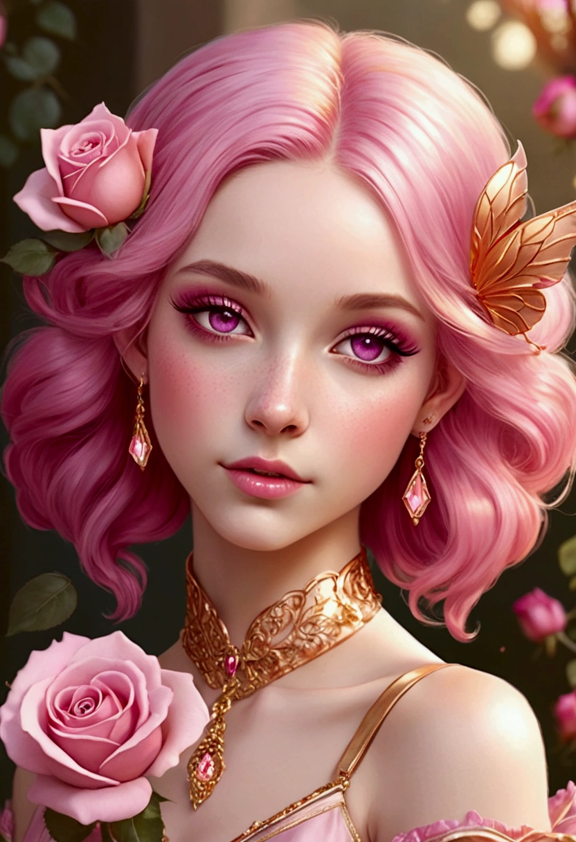Adorable fair skinned pink haired magenta eyed European and slender young Faerie woman pink gold rose gold color themed outfit