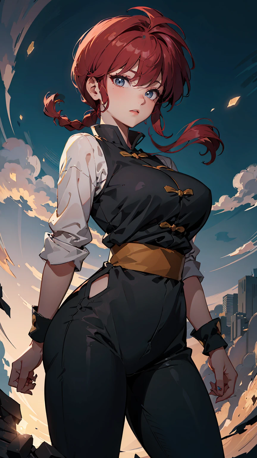 ((masterpiece)), expensive quality, very_expensive_solve, big_file size, Full Color, Thick outline, Clear contours, colorful, (Beautiful attention to detail), (Beautiful Face:1.3), Boyish face, 1 girl, (Ranma the Girl), (Redhead), short hair, (Braided Ponytail), ((bangs)), bumpy bangs, Blue-gray eyes, Big Breasts, Curvy, Black Wristband, Ranma the Girl, Braided Ponytail, Chinese clothing, No sleeve, Tangzhuang, Black trousers, Are standing,