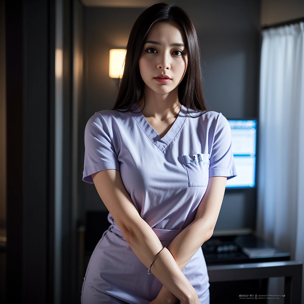 full body, A beautiful nurse, detailed portrait, beautiful detailed eyes, beautiful detailed lips, extremely detailed face, longeyelashes, nurse uniform, medical supplies, hospital setting, realistic, photorealistic, 8k, high quality, intricate details, vibrant colors, dramatic lighting, cinematic composition, digital art