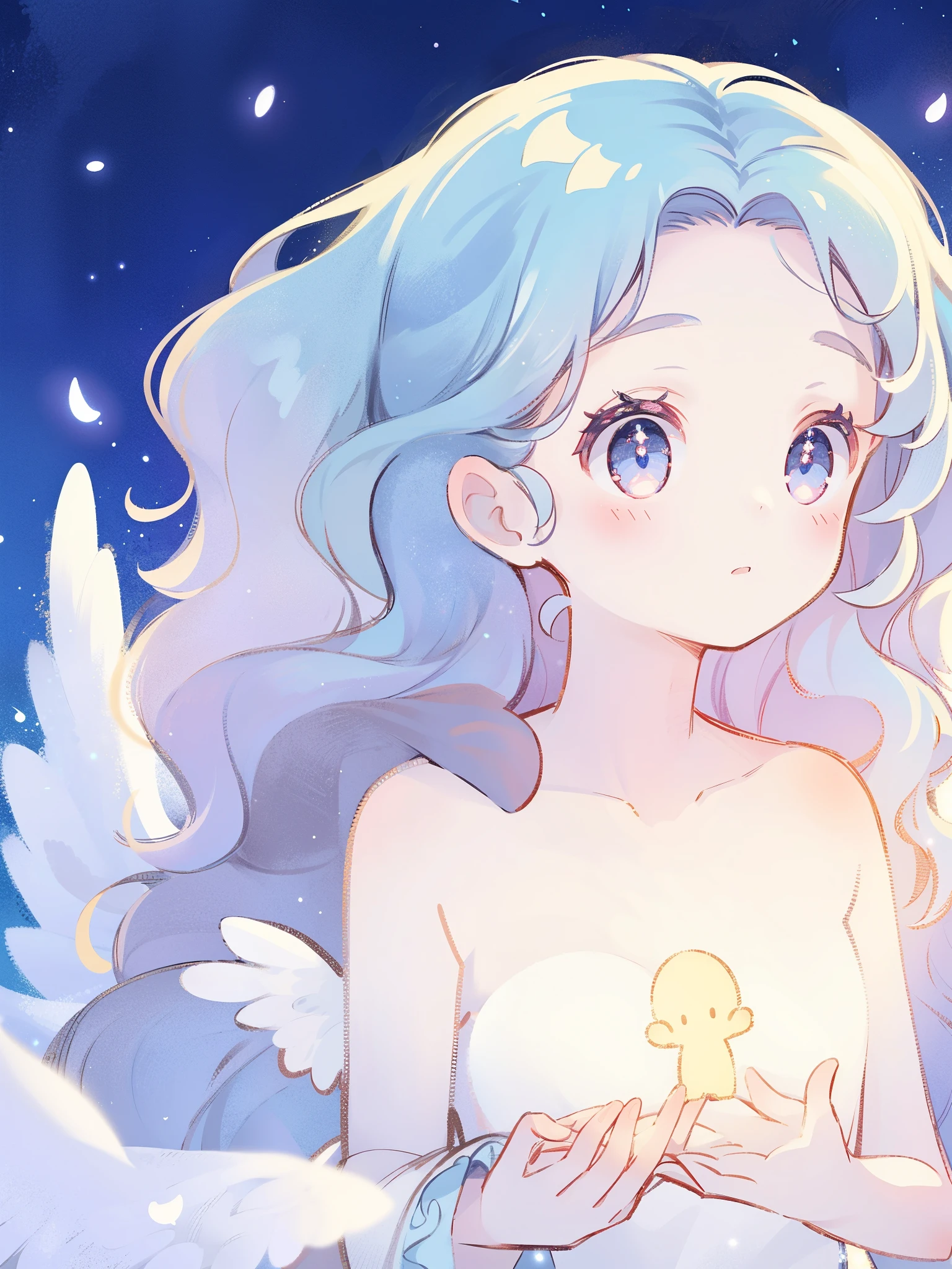 nude angel girl wearing an ethereal translucent dress, pale skin, ((wavy blue hair)), white feathers, angel wings, sparkling detailed eyes, golden ratio face, perfect composition, highly detailed, ethereal, (starry night sky background), midjourney style