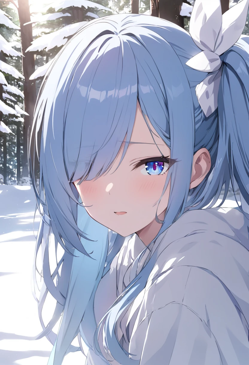 Long hair, blue hair, Side ponytail, hair over one eye, brushed eyes, diagonal bangs, ribbon, hair ribbon, evil eyes, heterochromia, Crystal Pupils, Light Blush, high detail, glowing light, ray tracing, high details, super detail, high quality, highres,1080P, The snow-capped mountains sparkle silver in The sunlight The pine forest at The foot of The mountain is covered, Stunning, Exquisite, Comely, Charming, Aesthetically pleasing