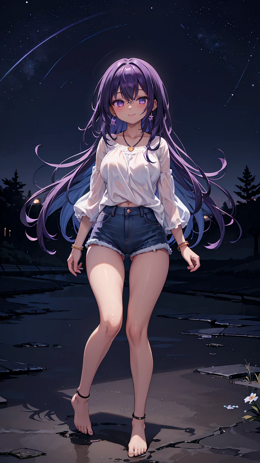 1girl, anime girl, anime, (dark skin), stylish girl, bracelet, necklace, earrings, 2d girl, 18y, (fullbody), standing, anime girl, seductive smile, (purple hair), flowing hair, hair flowing in the wind, ((darkblue blouse)), Solo, Slim, Big Breasts, Tight Shorts, low waist shorts, upshorts, outdoors, night background, flowers, looking at viewer, darker shadows, (((Wedgie))), (((explicit))), (((denim shorts))), (((absurdres))), (((thigh gap))), (((cameltoe))), (((cleft of venus))), (((lowleg shorts))),