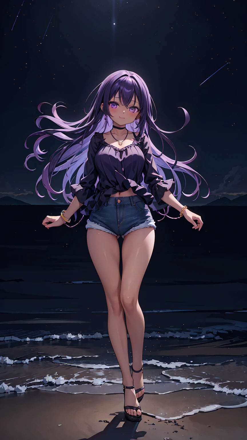 1girl, anime girl, anime, (dark skin), stylish girl, bracelet, necklace, earrings, 2d girl, 18y, (fullbody), standing, anime girl, seductive smile, (purple hair), flowing hair, hair flowing in the wind, ((darkblue blouse)), Solo, Slim, Big Breasts, Tight Shorts, low waist shorts, upshorts, outdoors, night background, flowers, looking at viewer, darker shadows, (((Wedgie))), (((explicit))), (((denim shorts))), (((absurdres))), (((thigh gap))), (((cameltoe))), (((cleft of venus))), (((lowleg shorts))),