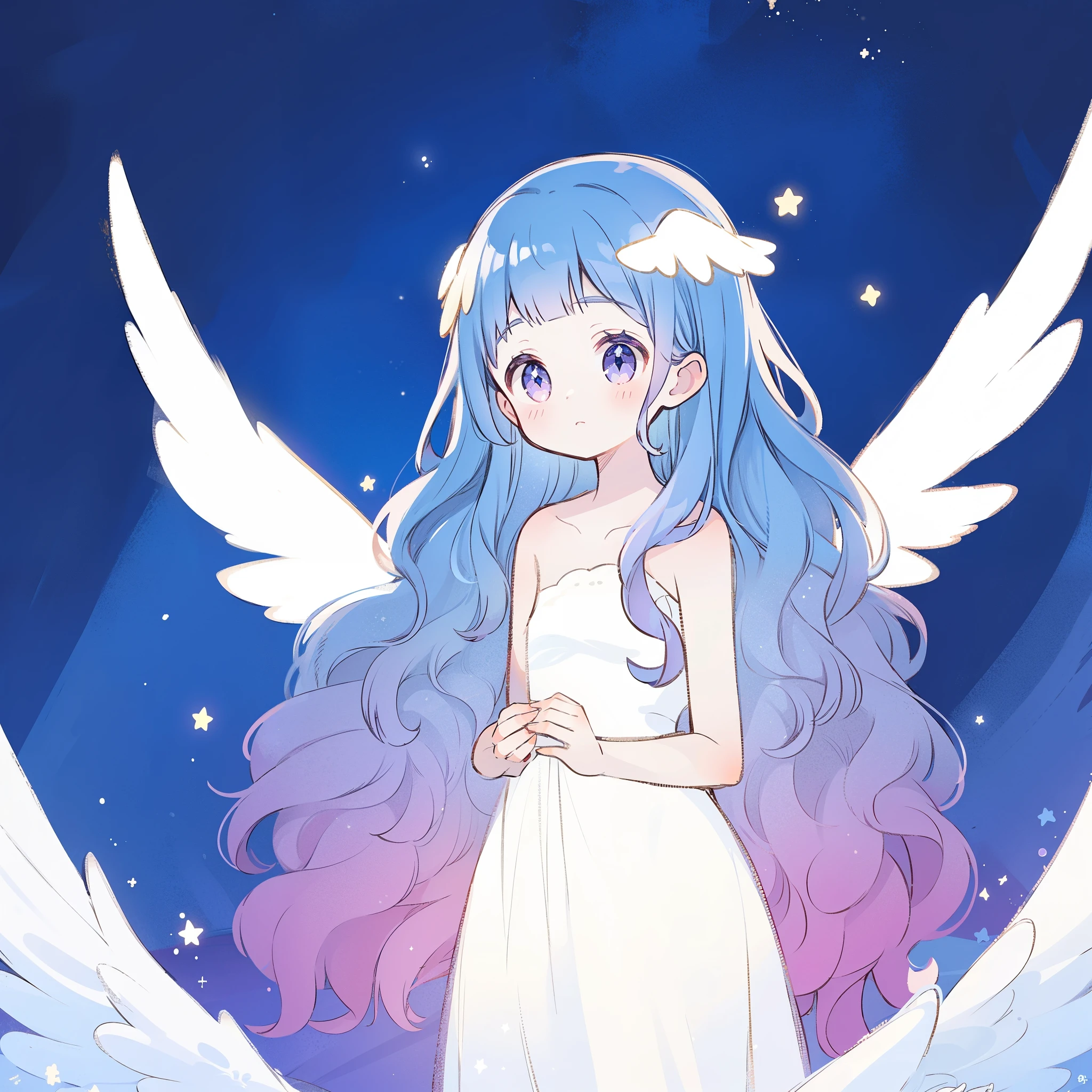 nude angel girl wearing an ethereal translucent dress, pale skin, ((wavy gradient blue purple hair)), white feathers, angel wings, sparkling detailed eyes, golden ratio face, perfect composition, highly detailed, ethereal, (starry night sky background), midjourney style