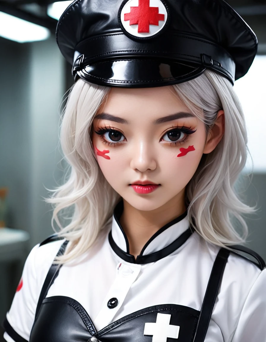 (Detailed black leather eye patch:1.9)、A young and very beautiful woman in a white sexy tight nurse uniform、Highly detailed facial features、Detailed thick lips、Detailed skin that reflects light、Ideal body type、Nurse cap、Has an enema、Captivating look、In front of a dark basement、Realistic、 8k、 Super detailed、 Cinema Lighting、 Dramatic Shadows、 Cold Tones、