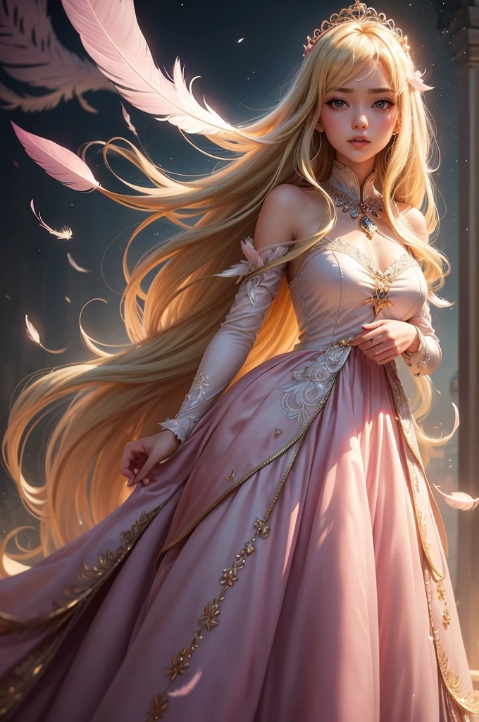 A charming girl appears from the dreamy smoke,Complexbeautiful色彩,Creates a fantastic atmosphere in your work,(((Smooth, straight, extra long hair, beautiful,Flowing blonde hair:1.2))),(((Amber eyes stare into the distance))),Amazing fantasy costumes,Full length,Delicate silk,Feather embossed all the way down to the hem of the dress,Subtle details,(Princess Decoration,Baby Pink:1.2),Complex,Detailed,moving composition,Against a deep background,(Feathers in the sky:1.3),it was foggy,Bokeh,it was foggy,Dutch Angle,Soft Focus,Afterimage,Minimalism,A world beyond imagination,Otherworldly brilliance,Movie-like scene,Cinema Lighting,超beautifulポートレート,Abstract background