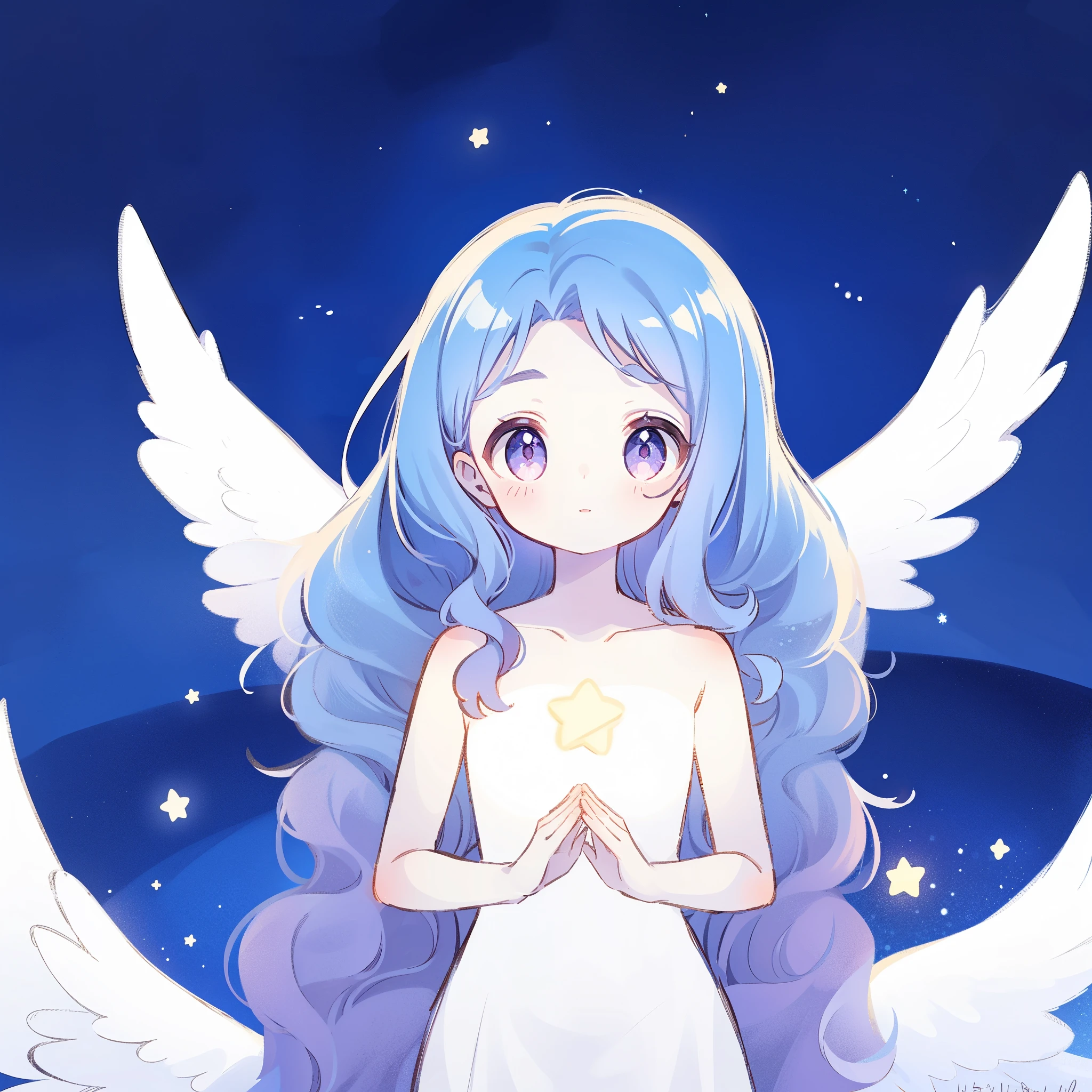 nude angel girl wearing an ethereal translucent dress, pale skin, ((wavy gradient blue purple hair)), white feathers, angel wings, sparkling detailed eyes, golden ratio face, perfect composition, highly detailed, ethereal, (starry night sky background), midjourney style