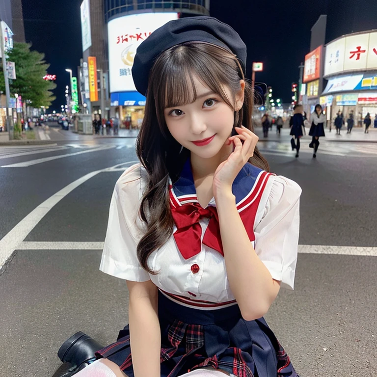 (a pair of gorgeous ladies, in their 20s, at Akihabara Tokyo. They are dressed in Japanese uniform fashion, blouse with a sailor-style collar, a pleated skirt, feminine_pure_natural_look, Serafuku, Seifuku, Sailor Uniform, JK Uniform Cosplay, Buttons, Red Ribbon, Red Tie, Red neckties, Red Bolo Ties, Red Neckerchiefd, Red Bows, Sailor Collar, Sailor Hat, Western-style plaid skirts, knee-high socks, blue blazers, blue vest, random & natural pose under night sky, beautiful detailed face, beautiful detailed eyes, dimpled smile, kind & friendly smile, short straight hair, bob hair, ponytail, cute snaggletooth, ample round bosom, strengthened chest, Fit & Healthy body proportion, photorealistic, hyper-realism, high contrast, ultra HD, realistic skin textures, top image quality, top-quality, super high resolution, fine details, very meticulously, bokeh background, full_body-shot, vivid colours, masterpiece) 🍑😈😇