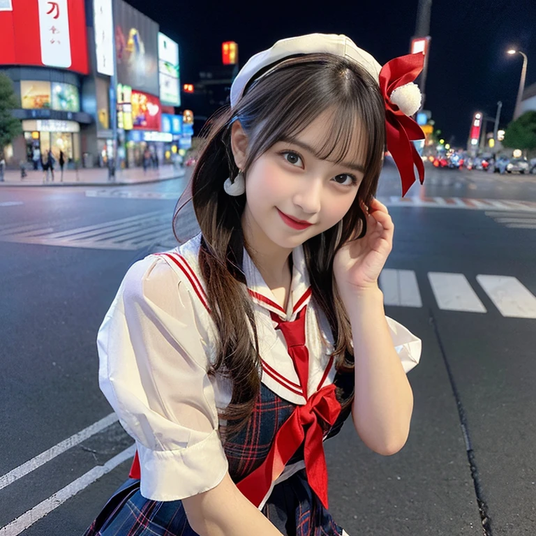 (a pair of gorgeous ladies, in their 20s, at Akihabara Tokyo. They are dressed in Japanese uniform fashion, blouse with a sailor-style collar, a pleated skirt, feminine_pure_natural_look, Serafuku, Seifuku, Sailor Uniform, JK Uniform Cosplay, Buttons, Red Ribbon, Red Tie, Red neckties, Red Bolo Ties, Red Neckerchiefd, Red Bows, Sailor Collar, Sailor Hat, Western-style plaid skirts, knee-high socks, blue blazers, blue vest, random & natural pose under night sky, beautiful detailed face, beautiful detailed eyes, dimpled smile, kind & friendly smile, short straight hair, bob hair, ponytail, cute snaggletooth, ample round bosom, strengthened chest, Fit & Healthy body proportion, photorealistic, hyper-realism, high contrast, ultra HD, realistic skin textures, top image quality, top-quality, super high resolution, fine details, very meticulously, bokeh background, full_body-shot, vivid colours, masterpiece) 🍑😈😇