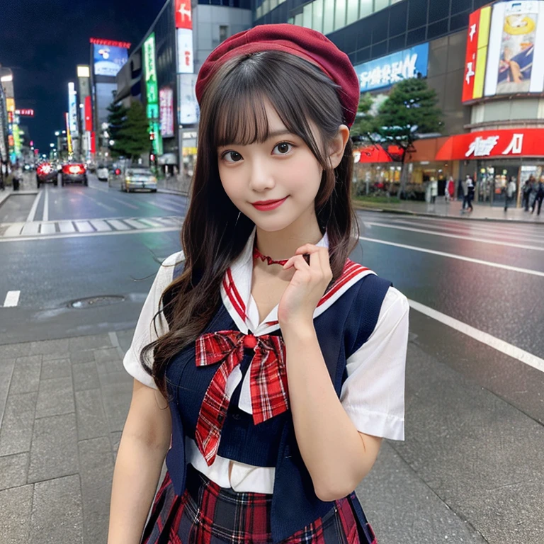 (a pair of gorgeous ladies, in their 20s, at Akihabara Tokyo. They are dressed in Japanese uniform fashion, blouse with a sailor-style collar, a pleated skirt, feminine_pure_natural_look, Serafuku, Seifuku, Sailor Uniform, JK Uniform Cosplay, Buttons, Red Ribbon, Red Tie, Red neckties, Red Bolo Ties, Red Neckerchiefd, Red Bows, Sailor Collar, Sailor Hat, Western-style plaid skirts, knee-high socks, blue blazers, blue vest, random & natural pose under night sky, beautiful detailed face, beautiful detailed eyes, dimpled smile, kind & friendly smile, short straight hair, bob hair, ponytail, cute snaggletooth, ample round bosom, strengthened chest, Fit & Healthy body proportion, photorealistic, hyper-realism, high contrast, ultra HD, realistic skin textures, top image quality, top-quality, super high resolution, fine details, very meticulously, bokeh background, full_body-shot, vivid colours, masterpiece) 🍑😈😇