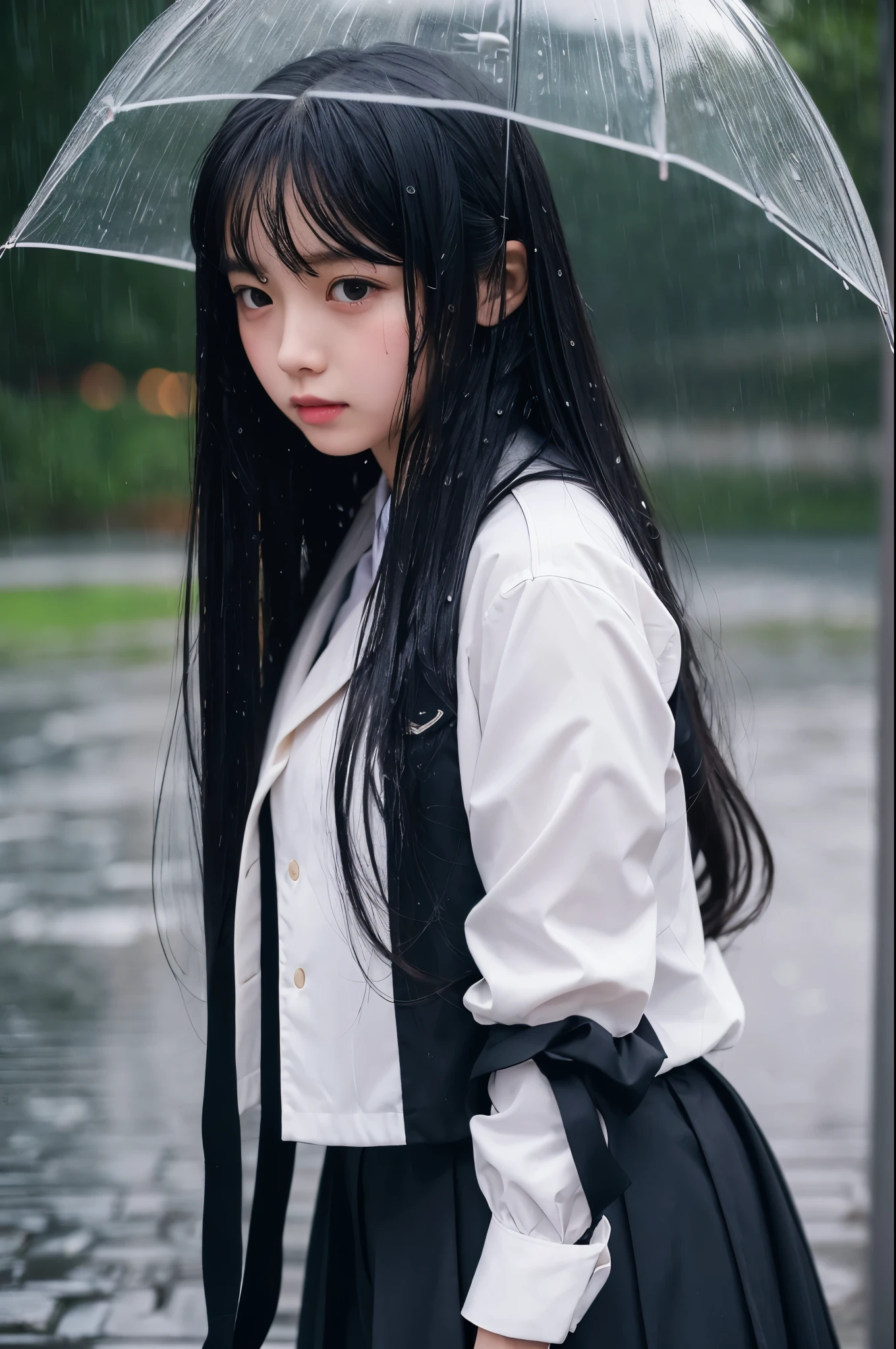 1 Girl, Black long hair, Uniform, Shy, blush, wet, rain, transparent, (masterpiece, best quality), Soft Light, Film composition, Movie Lighting