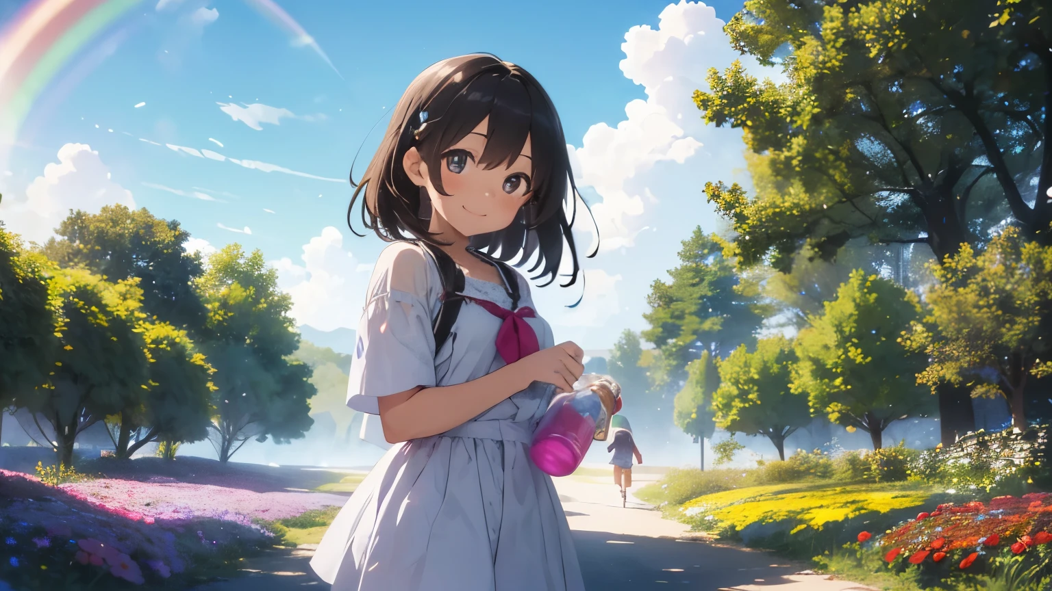 A girl standing with a bright smile, Holding a bottle of magic paint. Surrounded by magical and colorful surroundings, With colorful flowers, Vivid trees々Or a rainbow-filled sky. 4K resolution