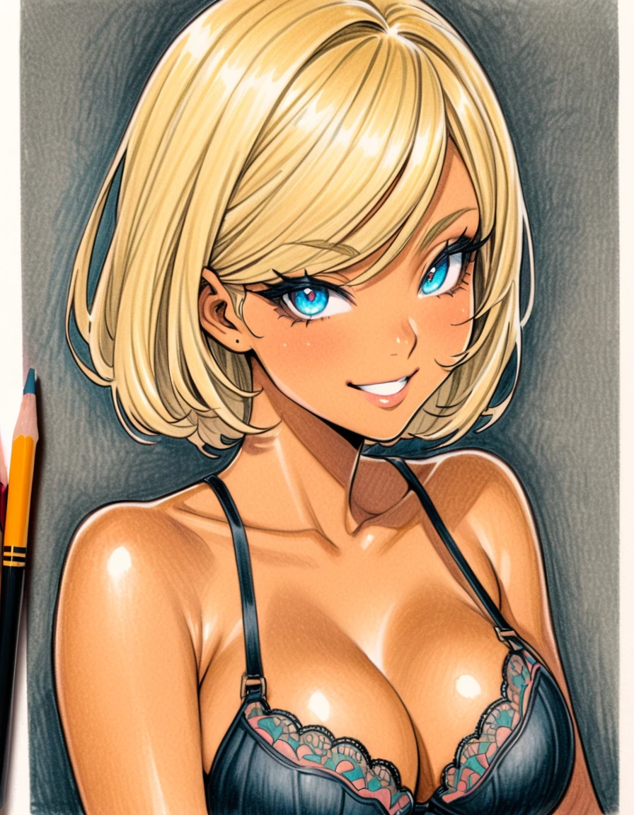 upper body, female, Art, ad, (color pencil drawing), draft drawing, illustration, bra, panties, big busts, blonde hair, thick bluish eyeshadow, thick black eyeliner, Highlighted eyes with eyeliner, false eyelashes ,(tanned skin:1.2), smile