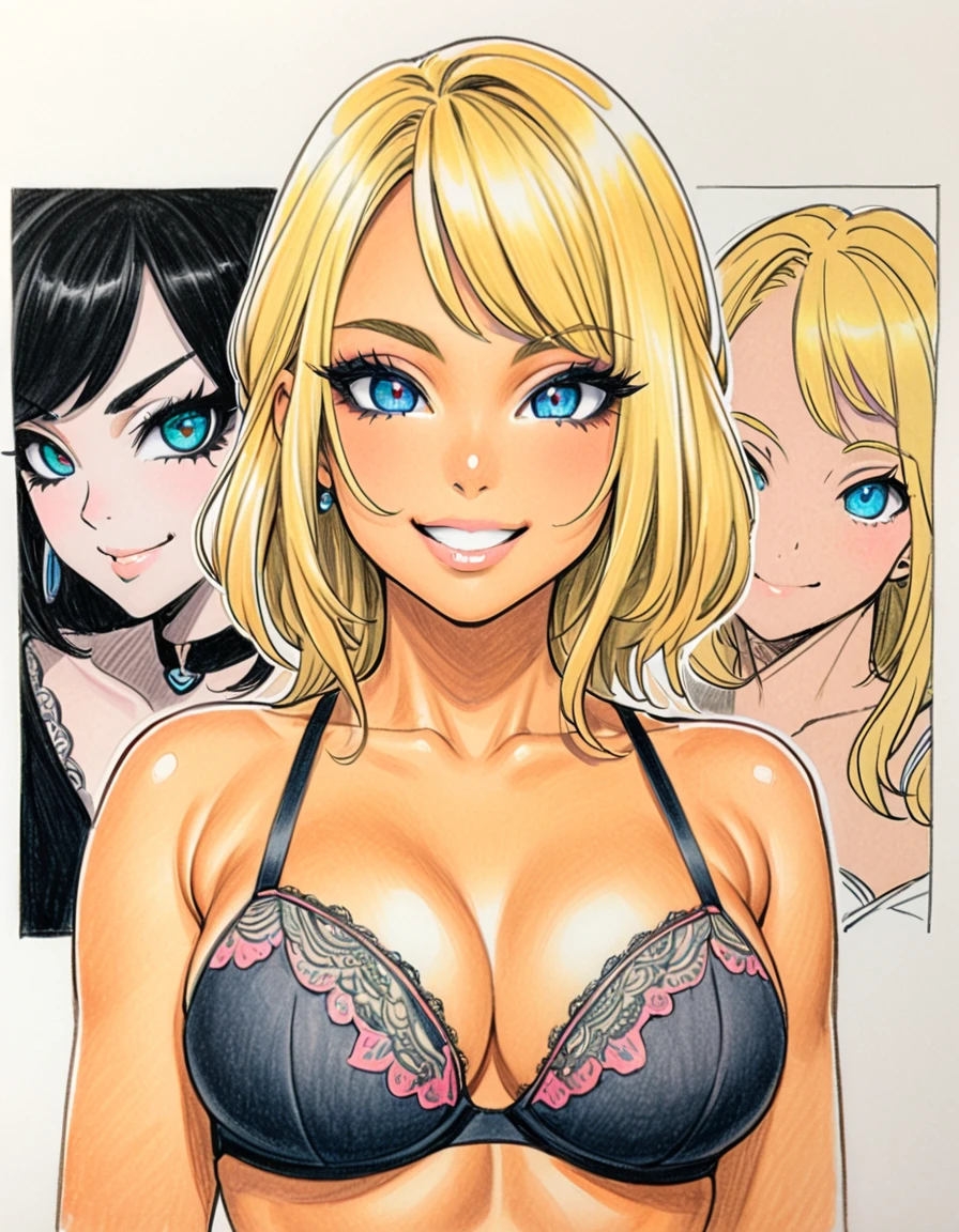upper body, female, Art, ad, (color pencil drawing), draft drawing, illustration, bra, panties, big busts, blonde hair, thick bluish eyeshadow, thick black eyeliner, Highlighted eyes with eyeliner, false eyelashes ,(tanned skin:1.2), smile