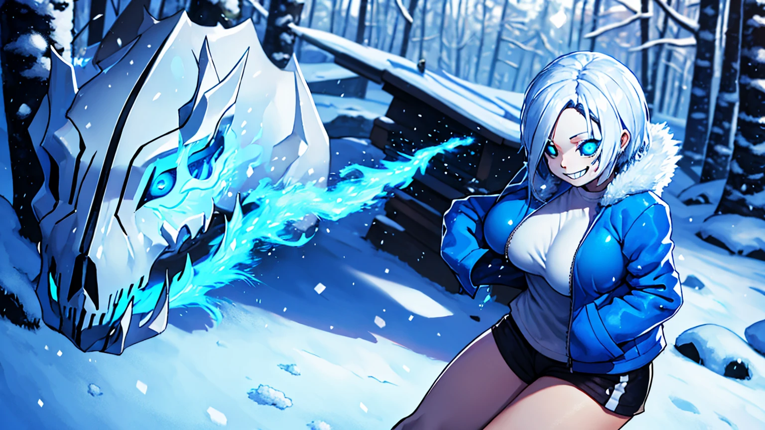 Sans blue jacket black shirt fire eyes skull smile long eyelashes white short hair glowing face blue dragon skull cannon standing alone in the snow town Femininefull Super huge big breasts breast enlargement full-body shot