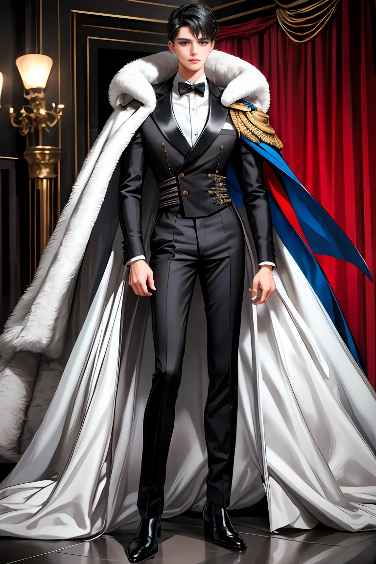 
masterpiece, 最high quality, high quality, 1 boy, alone, Male focus, Watching the audience,  Messy black hair, Adorable big blue eyes, White, Noble, Noble,A sexy, voluminous, puffy cape、tuxedo、A very voluminous, large, very large, very large, long, long red and black cape with a high stand-up collar, made of a lot of fabric that reaches down to the floor., ,Cute beautiful boys,Cute, cute, kind, handsome guy