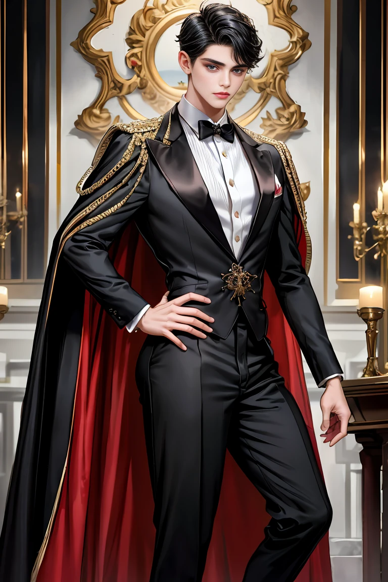 
masterpiece, 最high quality, high quality, 1 boy, alone, Male focus, Watching the audience,  Messy black hair, Adorable big blue eyes, White, Noble, Noble,A black and red cape that is bursting with sexy volume、Tuxedo、A very voluminous, large, very large, very large, long, long red and black cape with a high stand-up collar, made of a lot of fabric that reaches down to the floor., 17 years old,Cute beautiful boys,Cute, cute, kind, handsome guy