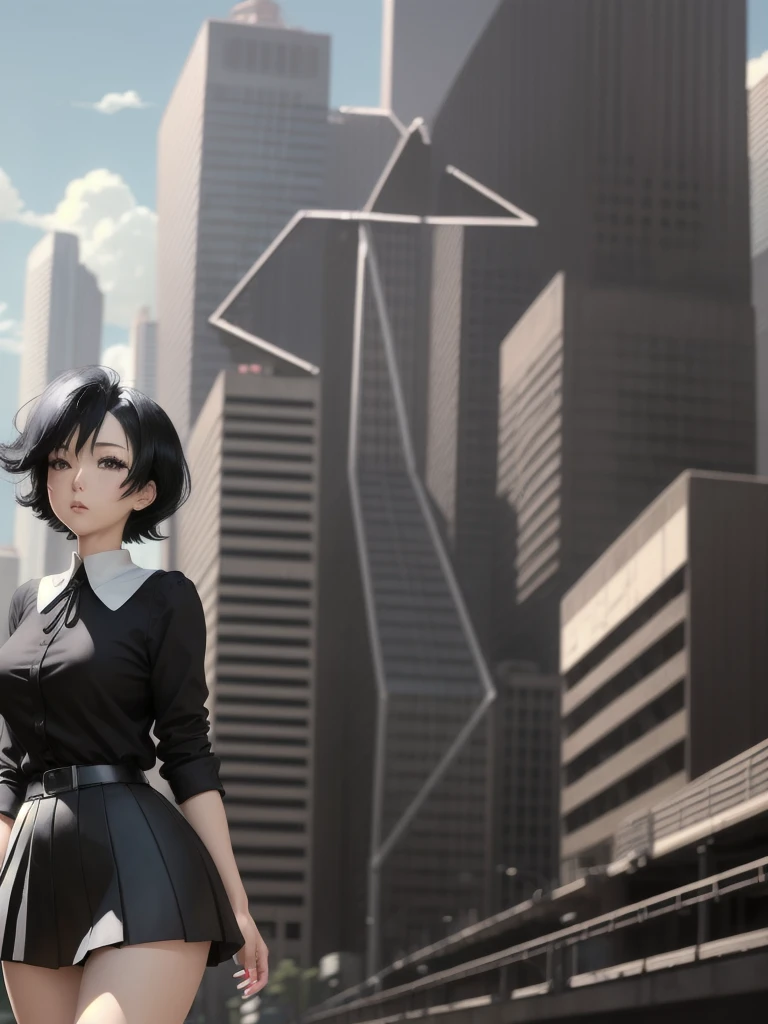 (masterpiece) (anime work) Black hair woman (beautiful) wearing short black miniskirt, walking in a park, with googie style buildings in the background.