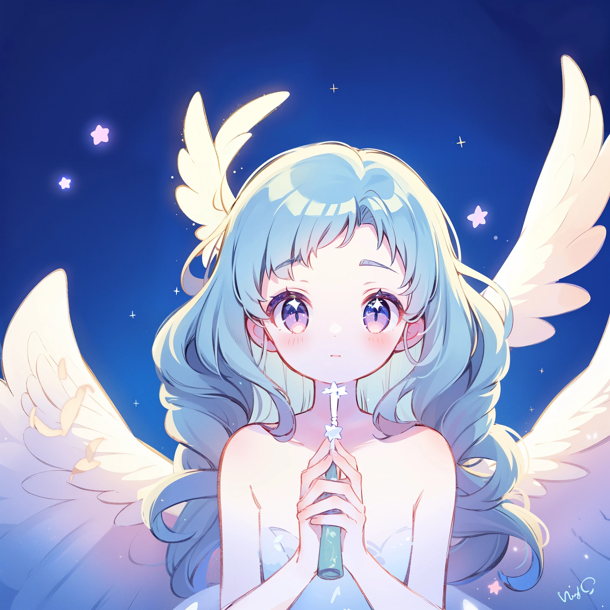 nude angel girl wearing an ethereal translucent dress, pale skin, ((wavy blue lilac hair)), white feathers, angel wings, sparkling detailed eyes, golden ratio face, perfect composition, highly detailed, ethereal, (starry night sky background), midjourney style