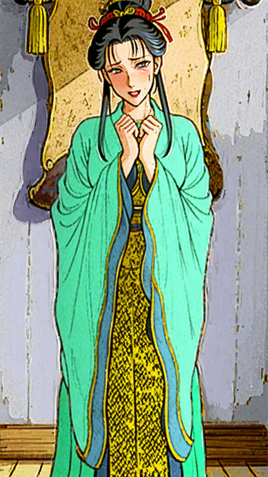 (best quality), (very aesthetic), (ultra-detailed), (best illustration),(a mature female),(perfect face),Mrs. Mi,Ryūūden,(((NSFW))),((full_body)),((full_NUDE),(Woman with pubic hair),red cheek,sweating,skinny,flushed skin,(standing),traditional Chinese bedroom,