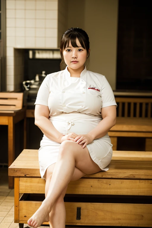 1 female, over weight, chef, extremely fat, chubby, Japanese, 4k, High resolution, masterpiece, of the highest quality, thin skin, sharp focus, (cinematic lighting) porn feets feet legs showing feet